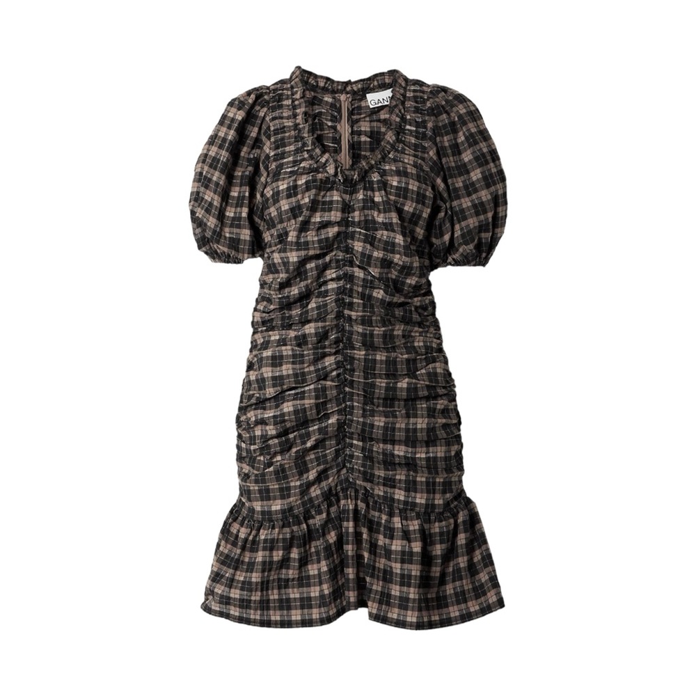 GANNI Ruffled Ruched Check Seersucker Mini Dress, Fossil, FR34